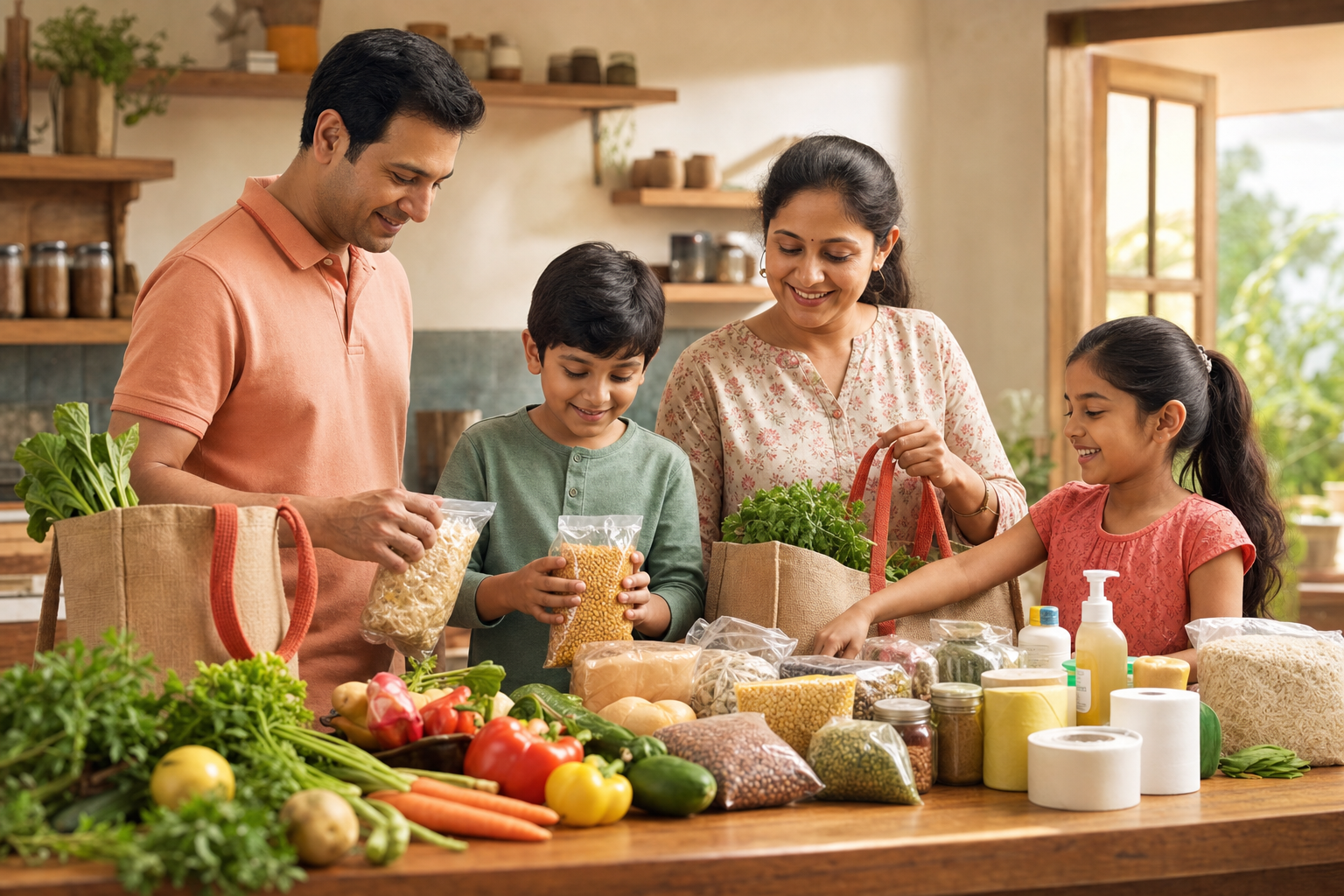 A family choosing groceries and household essentials